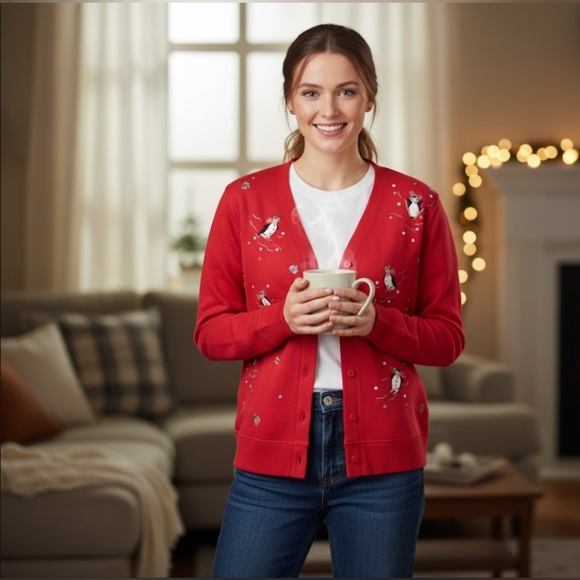 Quacker Factory Red Vintage Christmas Embroided Pingouins Cardigan Sweater S - Picture 1 of 10